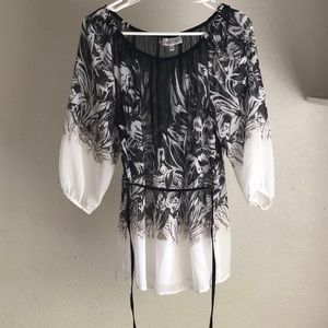 JLo Black & White Sheer Flower Design Top